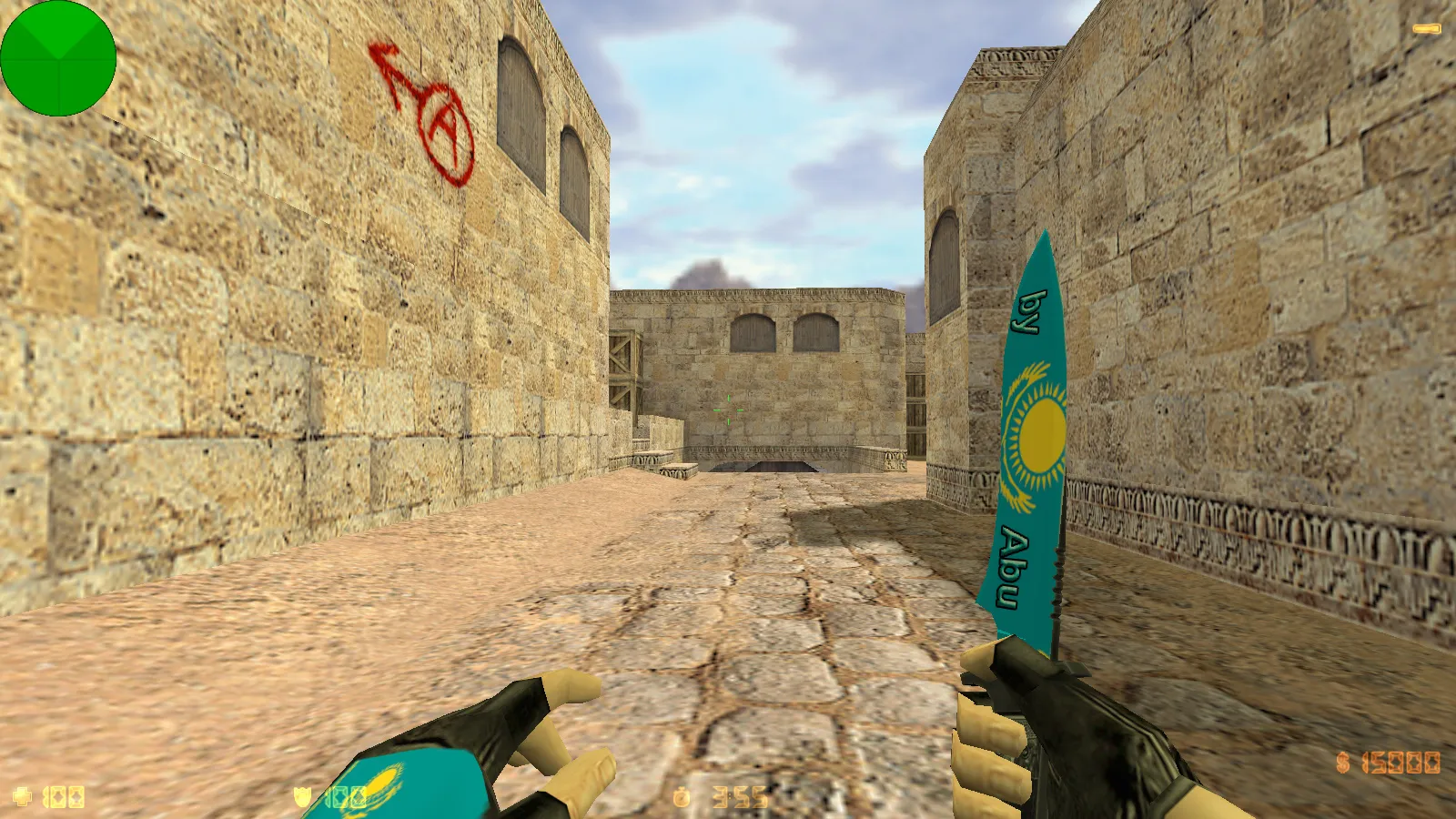 Скриншот CS 1.6 от Абу Казахстан: сборка с флагом Казахстана, 6 дополнениями, Dust2 фон, музыка в меню и оптимизированный конфиг