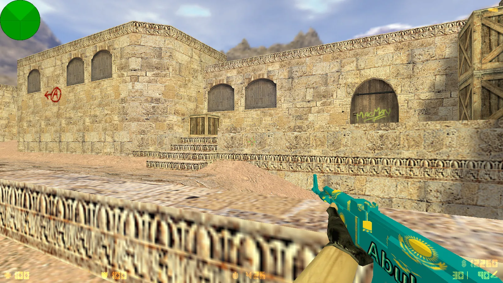 Скриншот CS 1.6 от Абу Казахстан: сборка с флагом Казахстана, 6 дополнениями, Dust2 фон, музыка в меню и оптимизированный конфиг