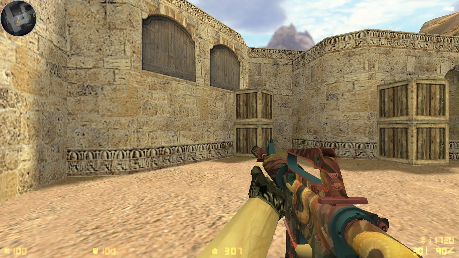 Скриншот CS 1.6 Ancient: сборка с 29 скинами оружия, красно-синими моделями, темным меню и оптимизированным конфигом