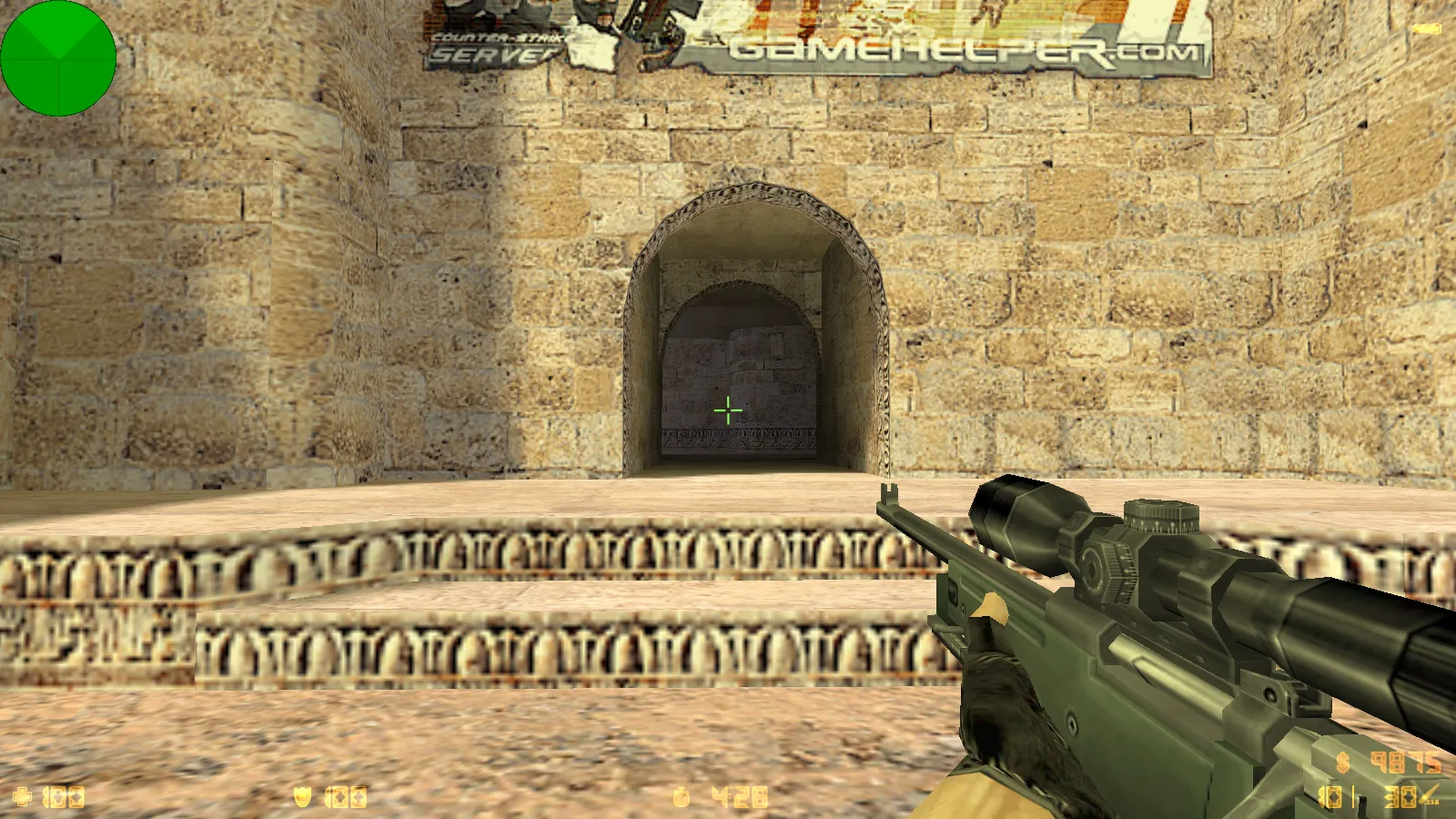 Скриншот CS 1.6 с прицелом на AWP: сборка с 2 AWP-моделями, темным меню и оптимизированным config.cfg