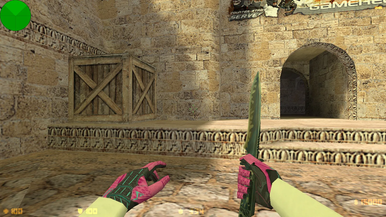 Скриншот CS 1.6 с вытянутыми руками: сборка с 30 скинами, GIGN/Guerilla фоном и оптимизированным конфигом