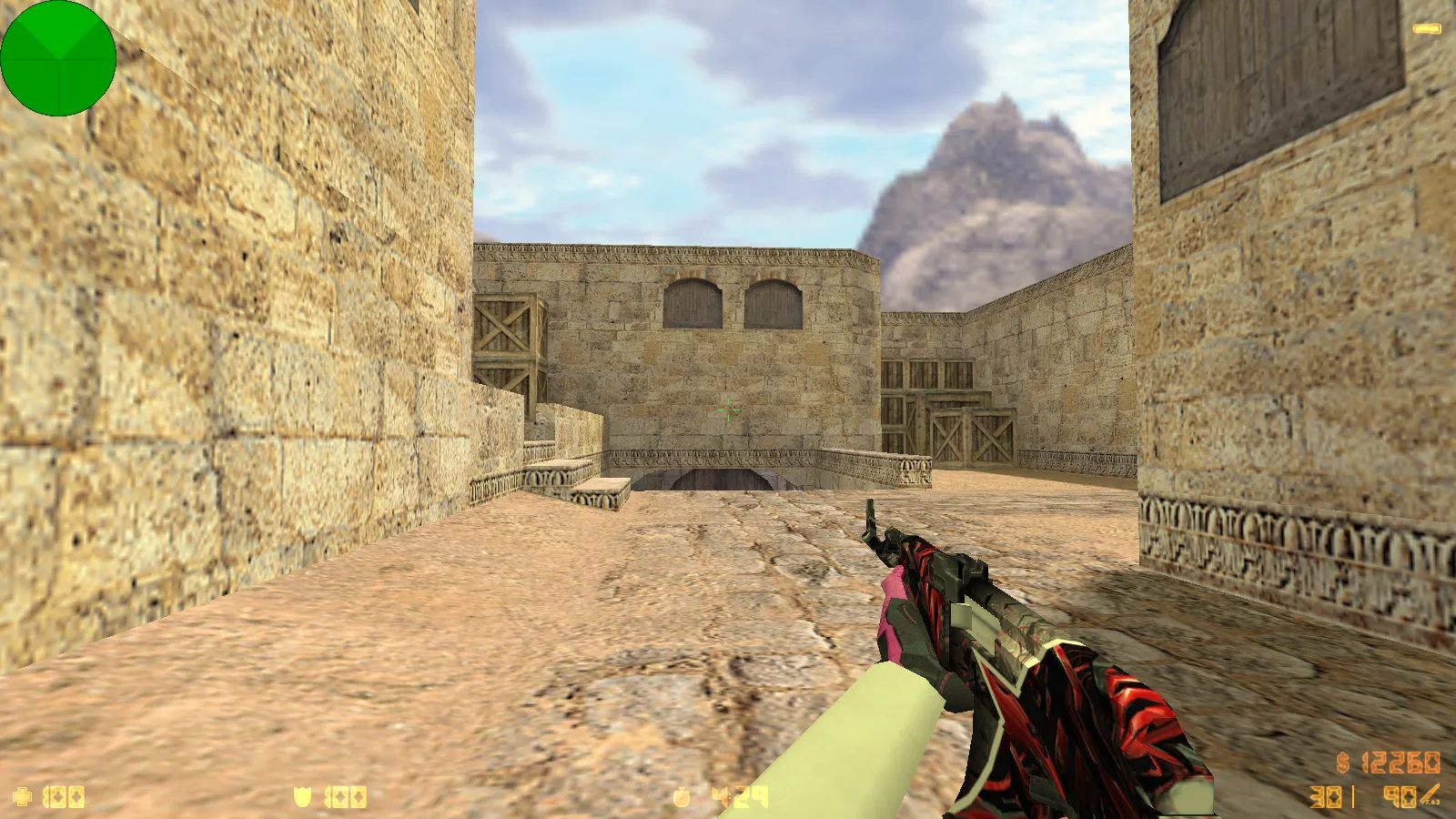 Скриншот CS 1.6 с вытянутыми руками: сборка с 30 скинами, GIGN/Guerilla фоном и оптимизированным конфигом