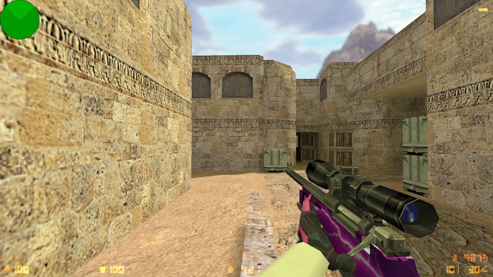 Скриншот  CS 1.6 с вытянутыми руками: сборка с 30 скинами, GIGN/Guerilla фоном и оптимизированным конфигом