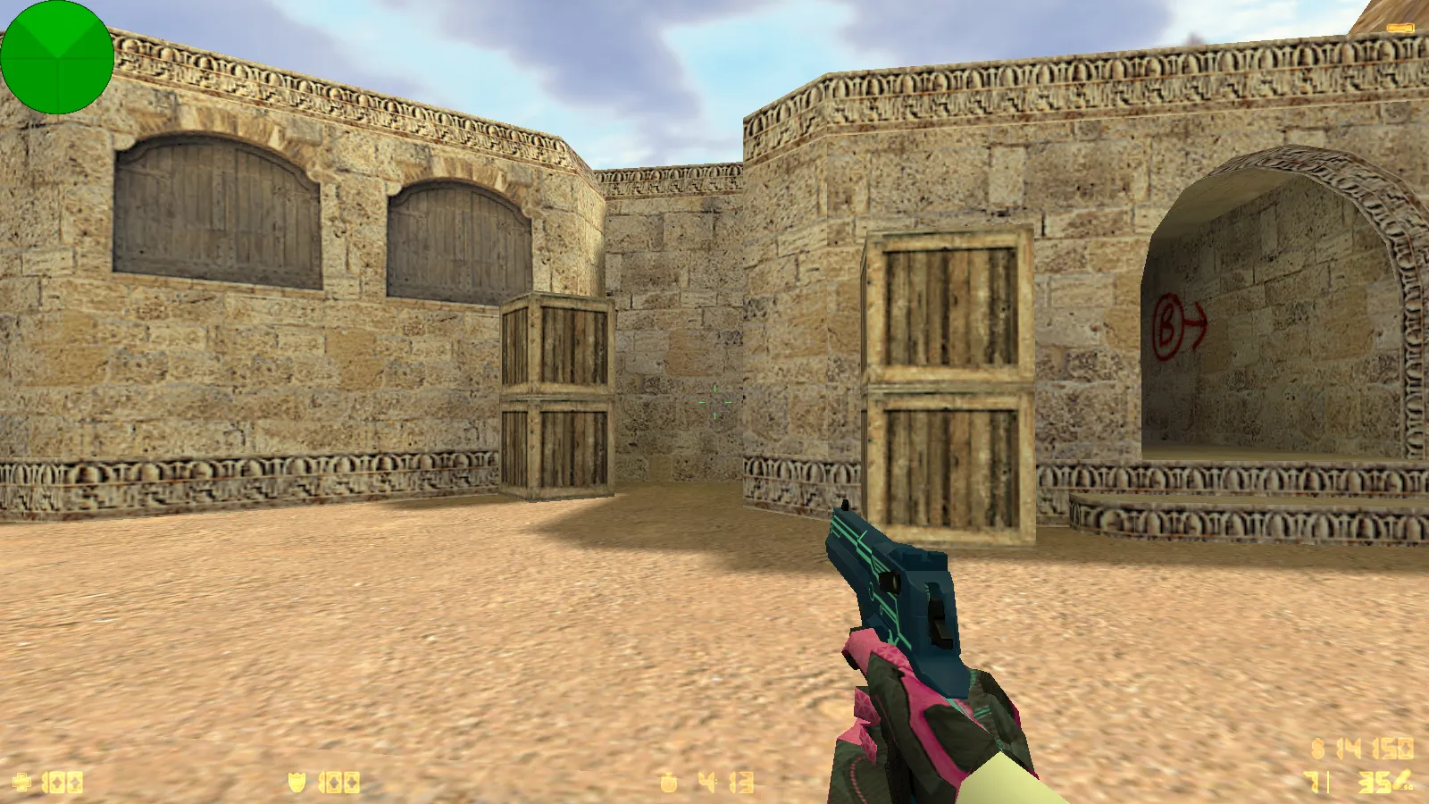 Скриншот  CS 1.6 с вытянутыми руками: сборка с 30 скинами, GIGN/Guerilla фоном и оптимизированным конфигом