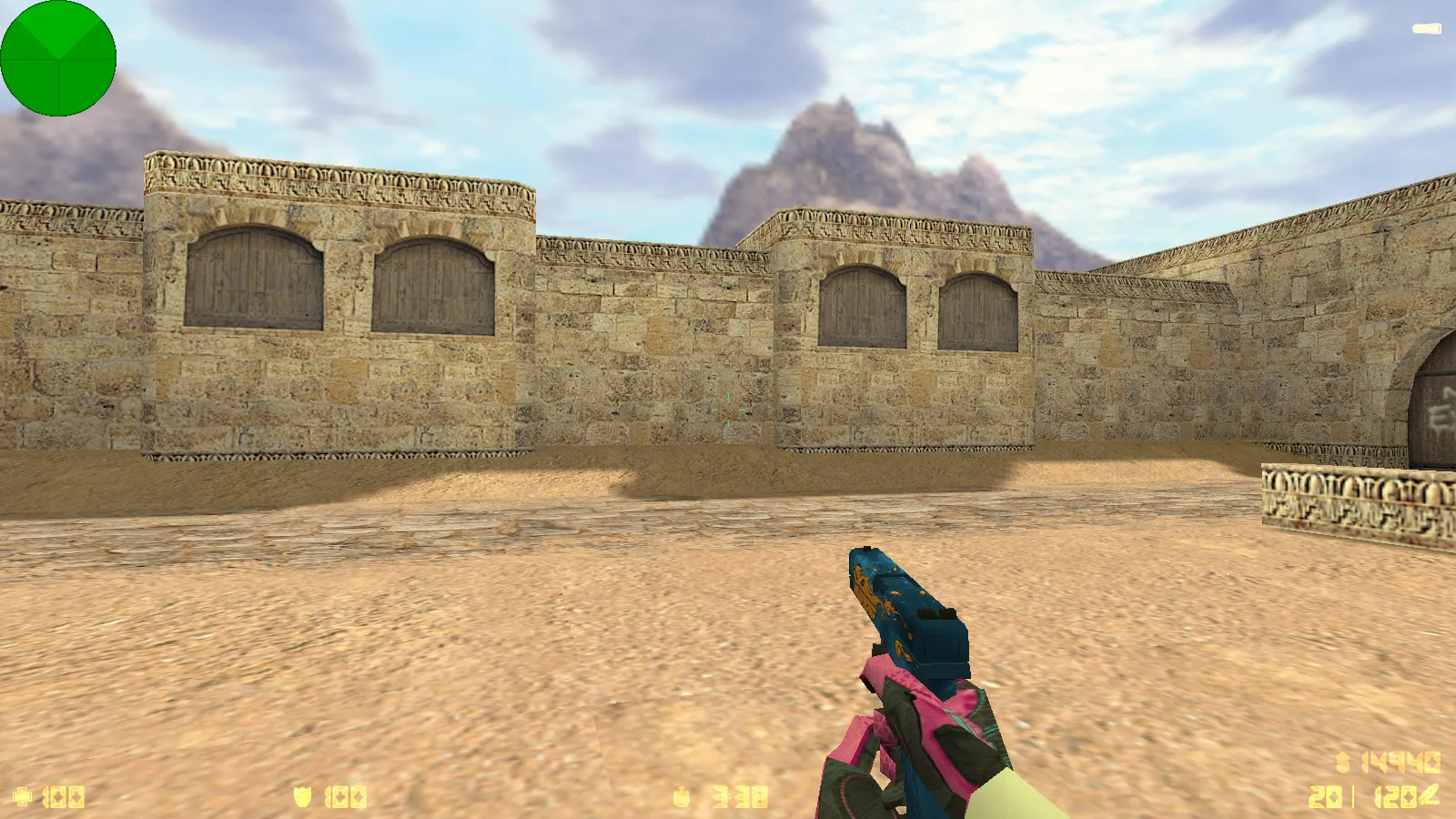 Скриншот  CS 1.6 с вытянутыми руками: сборка с 30 скинами, GIGN/Guerilla фоном и оптимизированным конфигом