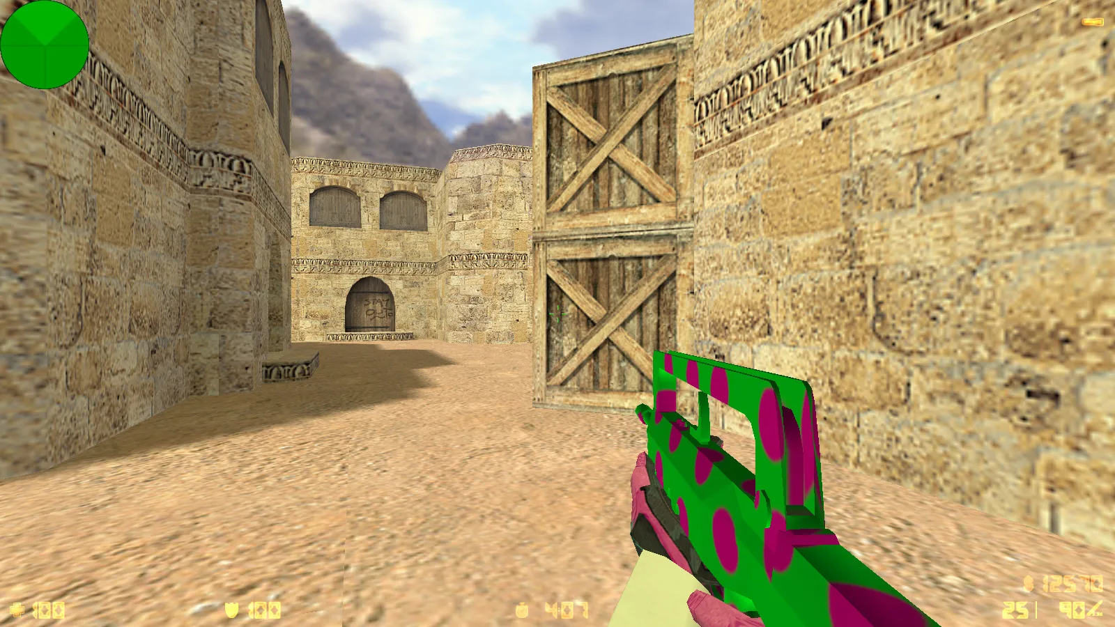 Скриншот  CS 1.6 с вытянутыми руками: сборка с 30 скинами, GIGN/Guerilla фоном и оптимизированным конфигом