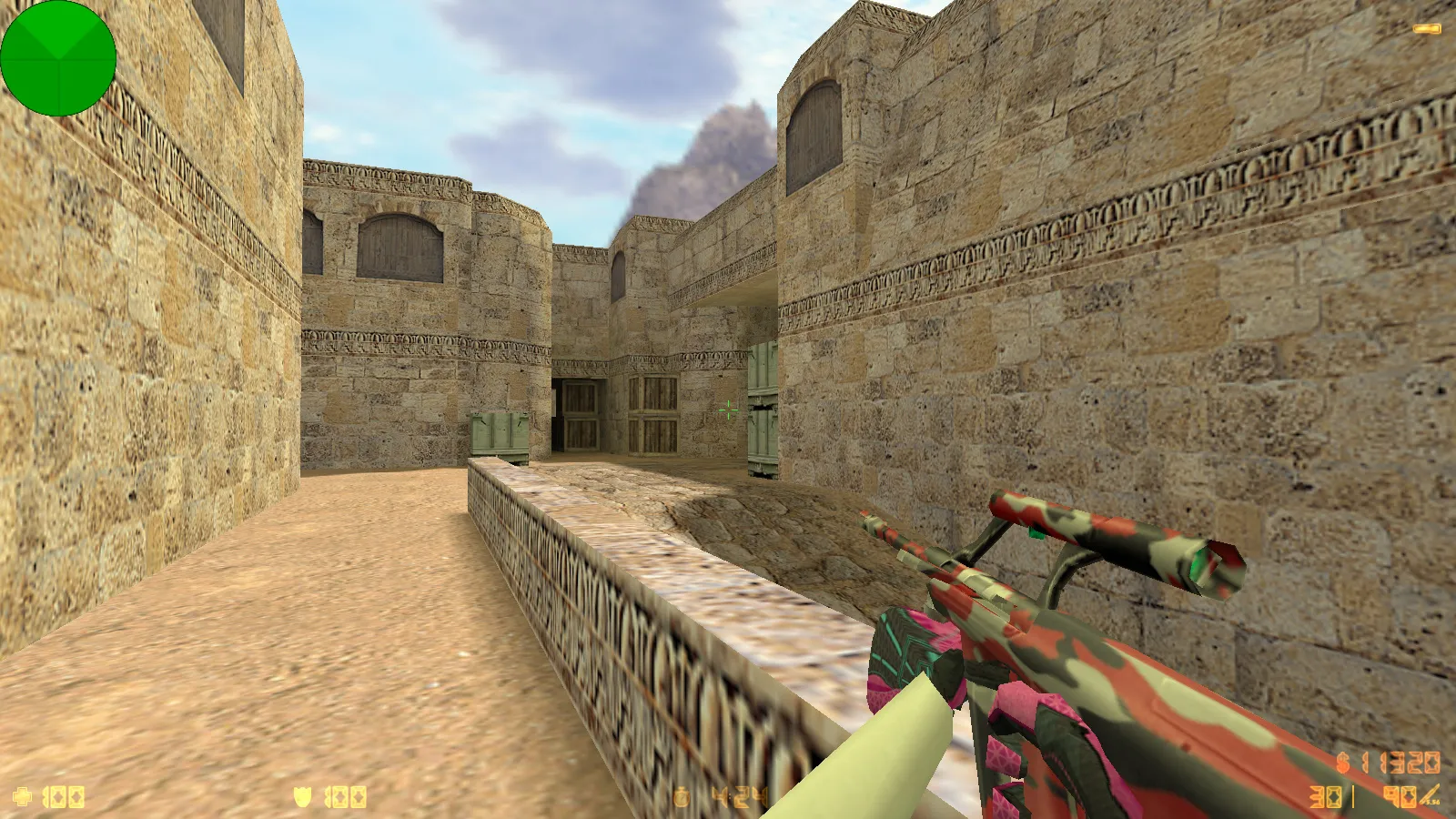 Скриншот  CS 1.6 с вытянутыми руками: сборка с 30 скинами, GIGN/Guerilla фоном и оптимизированным конфигом