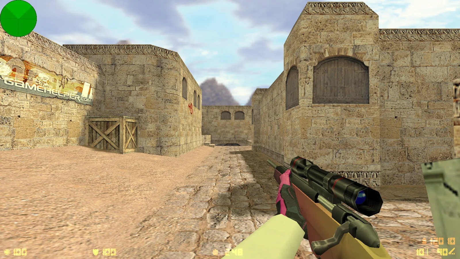 Скриншот  CS 1.6 с вытянутыми руками: сборка с 30 скинами, GIGN/Guerilla фоном и оптимизированным конфигом