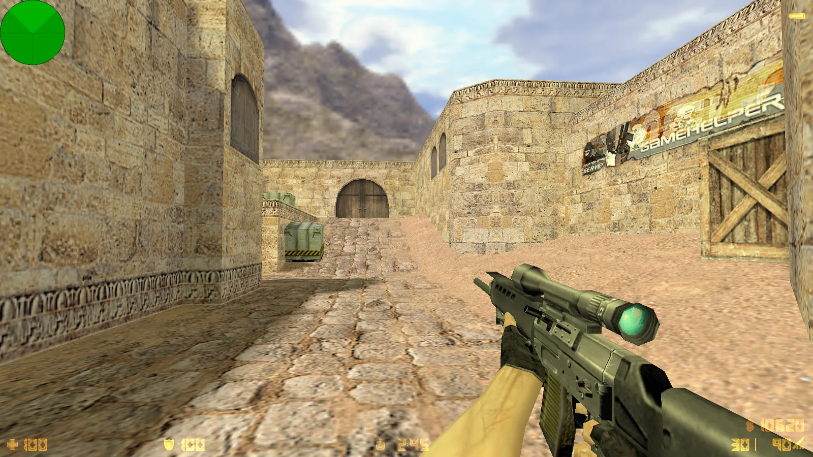 Скриншот  CS 1.6 с вытянутыми руками: сборка с 30 скинами, GIGN/Guerilla фоном и оптимизированным конфигом