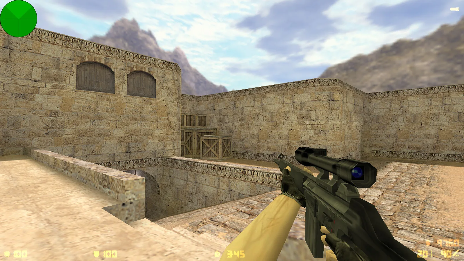 Скриншот  CS 1.6 с вытянутыми руками: сборка с 30 скинами, GIGN/Guerilla фоном и оптимизированным конфигом