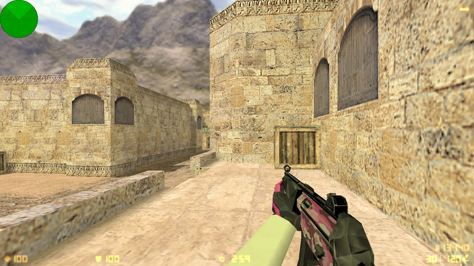 Скриншот  CS 1.6 с вытянутыми руками: сборка с 30 скинами, GIGN/Guerilla фоном и оптимизированным конфигом