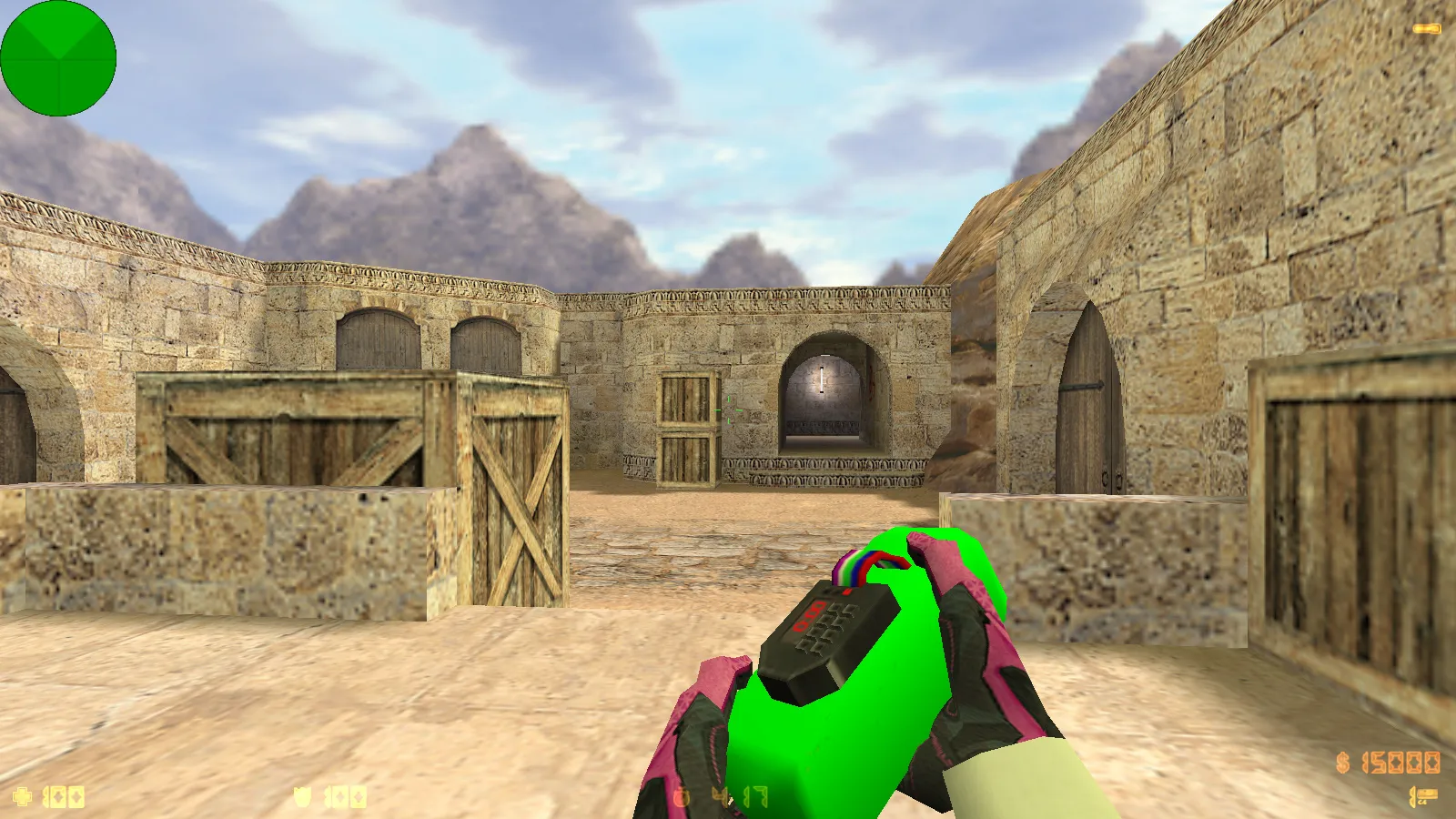 Скриншот  CS 1.6 с вытянутыми руками: сборка с 30 скинами, GIGN/Guerilla фоном и оптимизированным конфигом