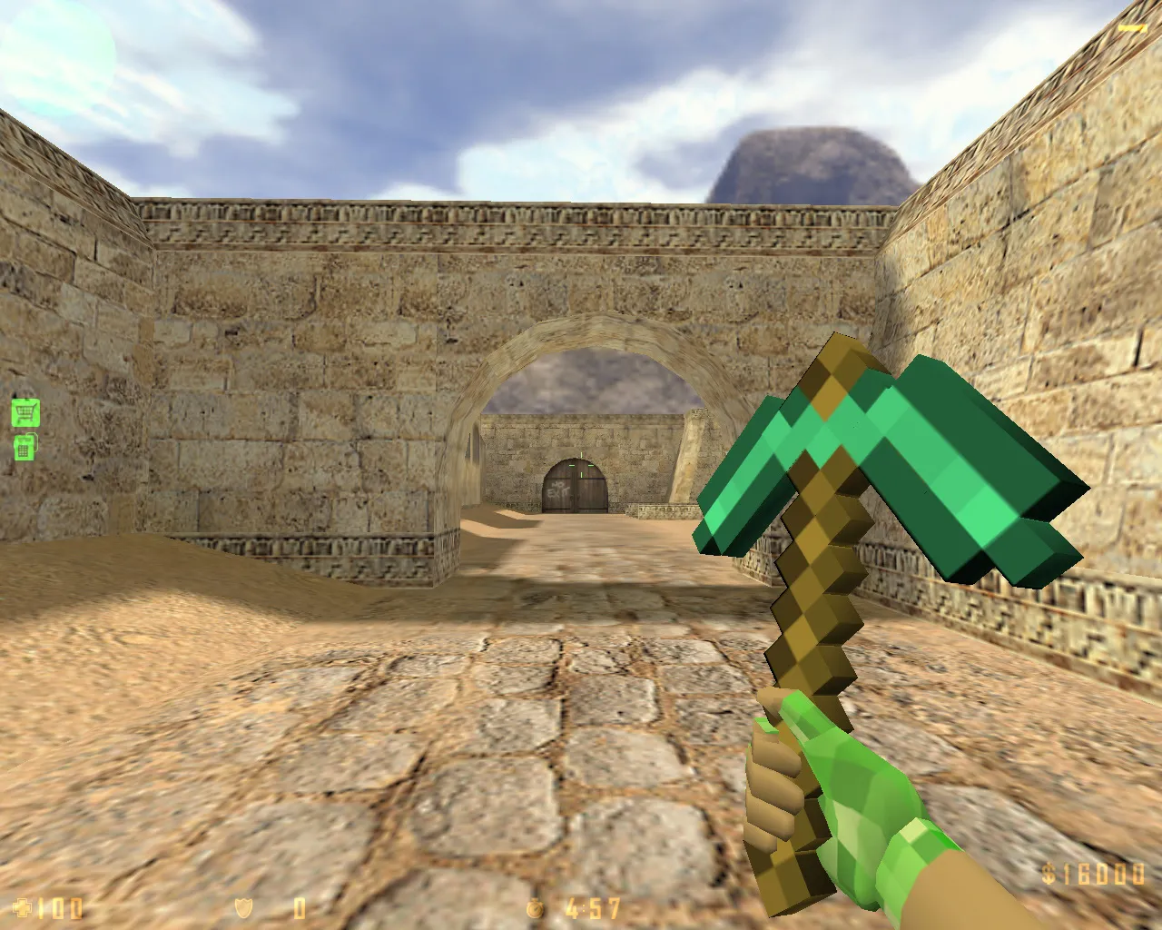 Скриншот CS 1.6 Minecraft сборка: квадратные модели, кирка-нож, TNT-гранаты, HUD и музыка меню, чистый config.cfg