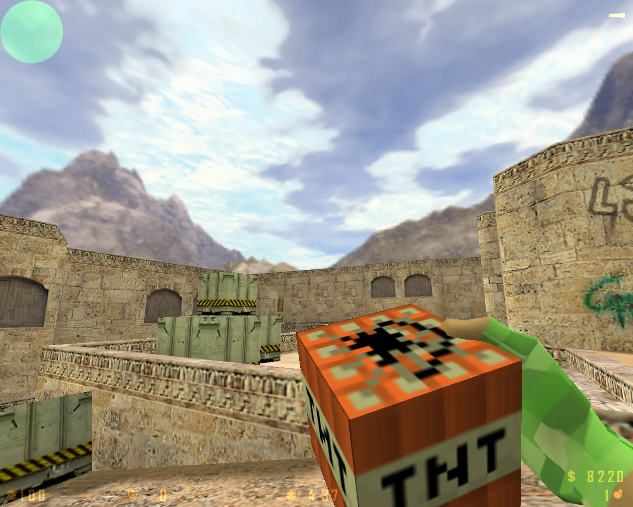 Скриншот CS 1.6 Minecraft сборка: квадратные модели, кирка-нож, TNT-гранаты, HUD и музыка меню, чистый config.cfg