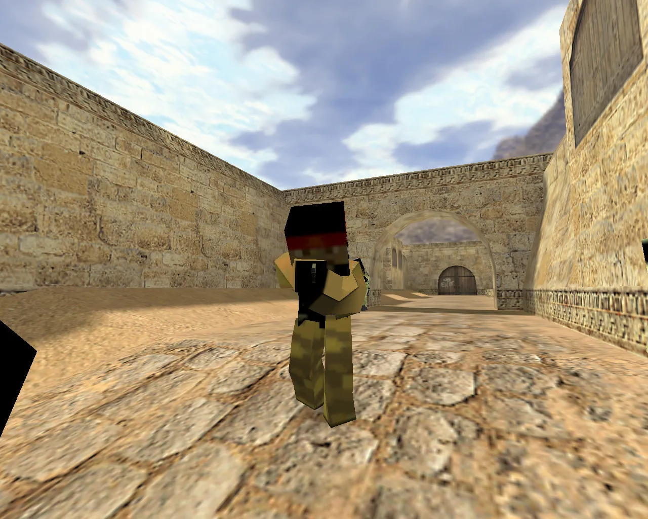 Скриншот CS 1.6 Minecraft сборка: квадратные модели, кирка-нож, TNT-гранаты, HUD и музыка меню, чистый config.cfg