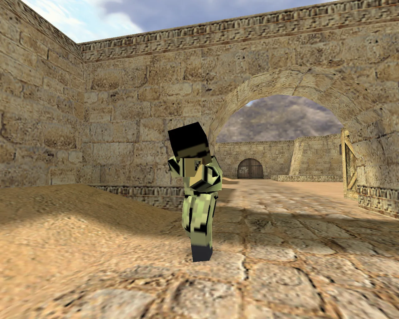 Скриншот CS 1.6 Minecraft сборка: квадратные модели, кирка-нож, TNT-гранаты, HUD и музыка меню, чистый config.cfg