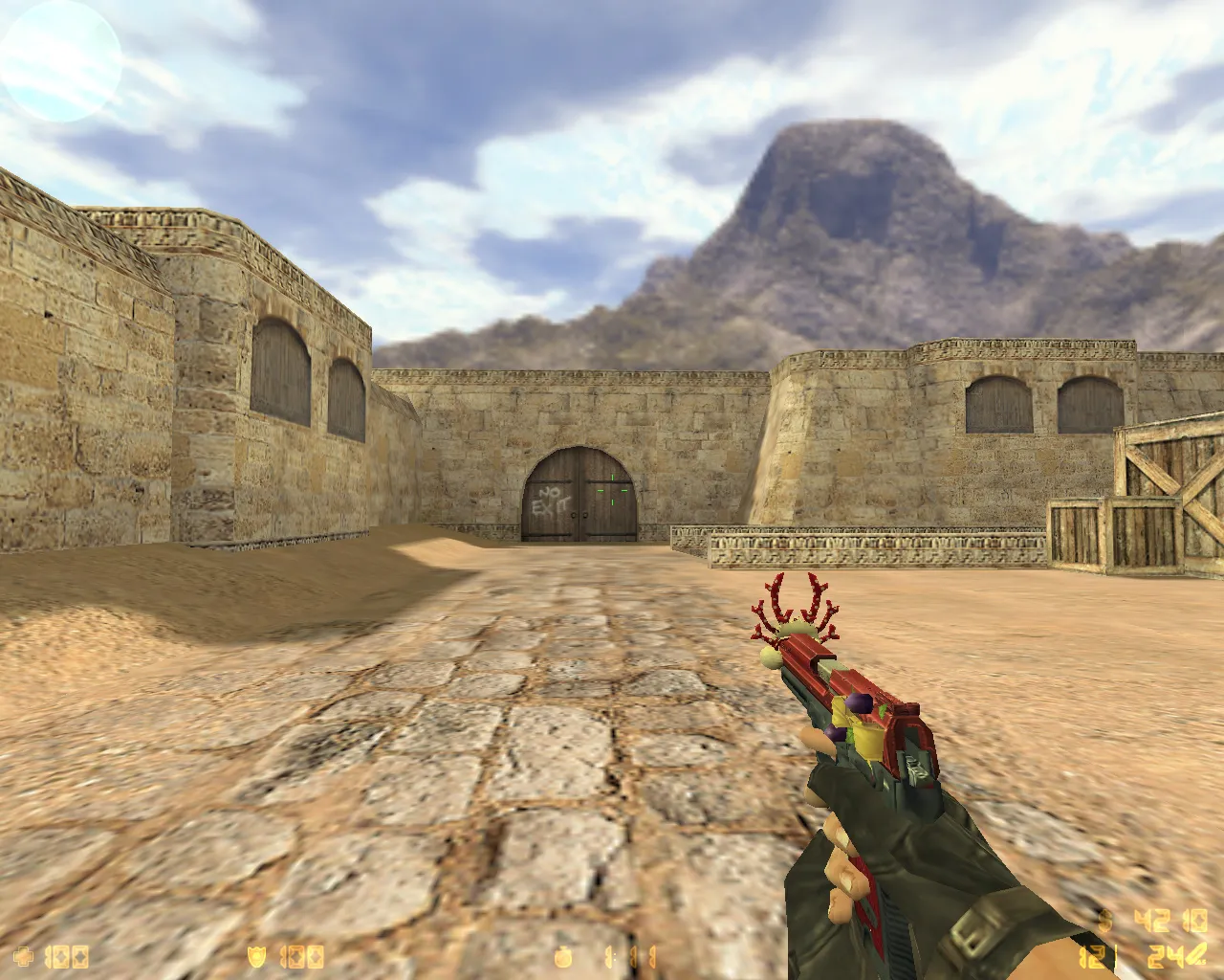 Скриншот  CS 1.6 Новогодняя сборка: новогодние модели оружия, игроки красные/синие, тёмная тема меню и оптимизированный конфиг