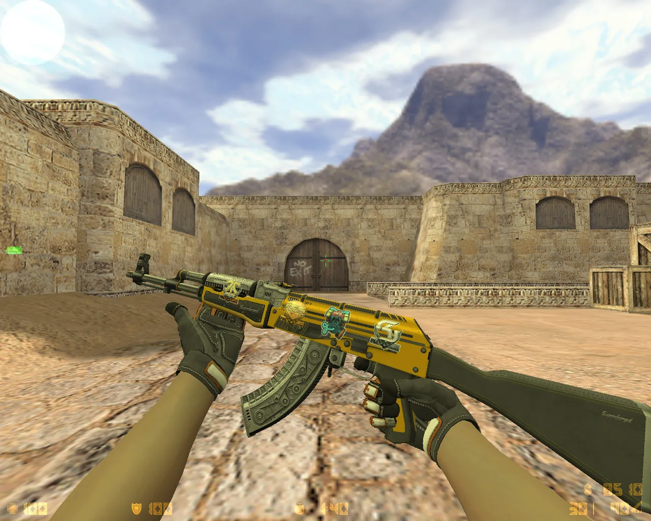 Скриншот CS 1.6 Rage: сборка с 27 скинами оружия, красно-синие модели, тёмное меню, музыка и оптимизированный конфиг