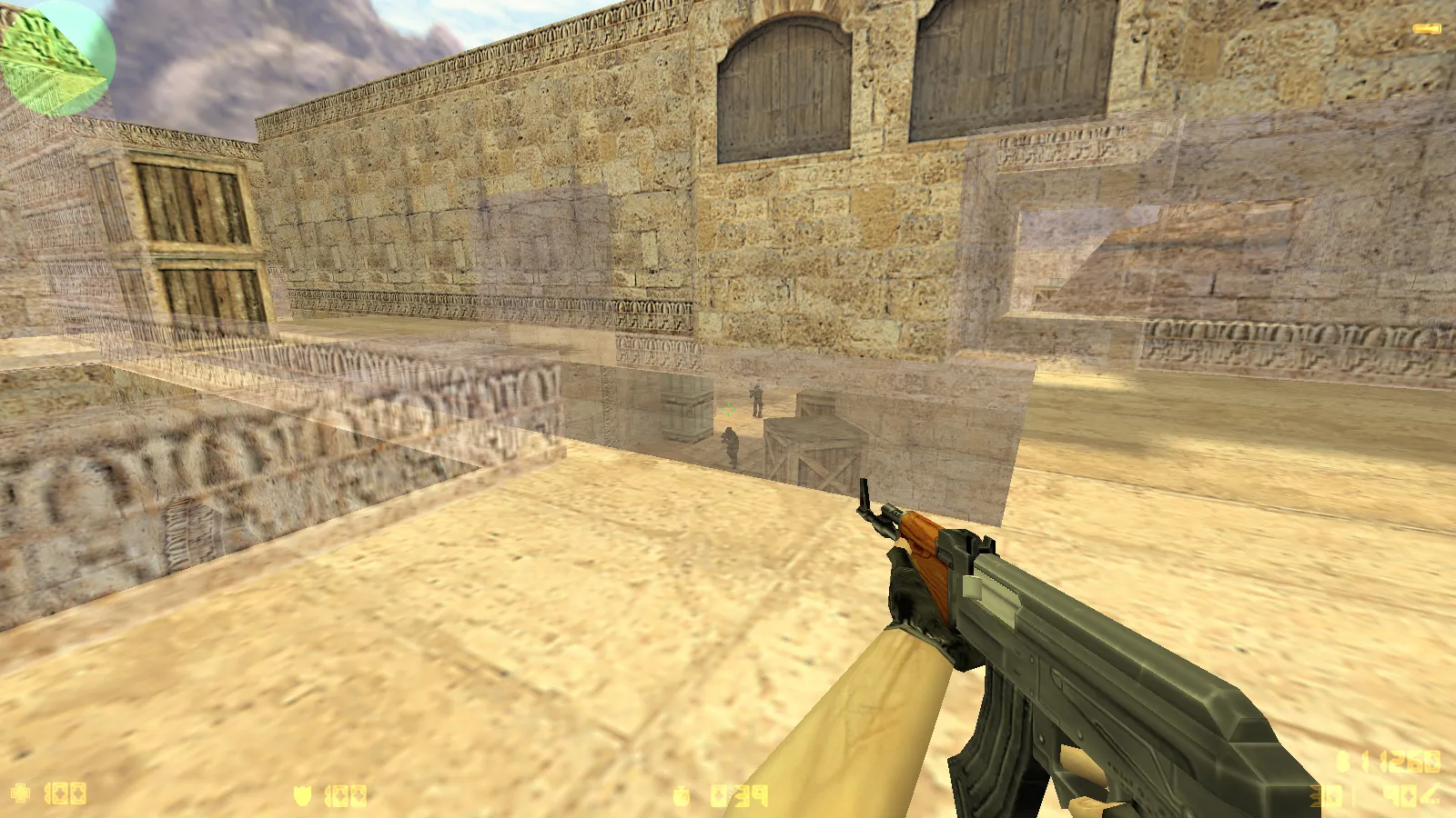 Скриншот  CS 1.6 с прозрачными стенами для прострелов: тренировка aim, изучение простреливаемых зон на de_dust2, de_inferno, de_nuke, de_train