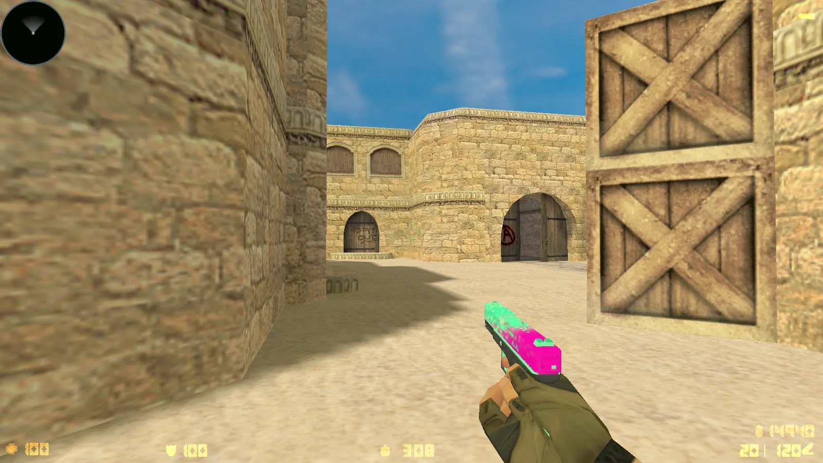 Скриншот  CS 1.6 Standoff 2: сборка с скинами SO2, анимацией осмотра F и красно-синими моделями игроков