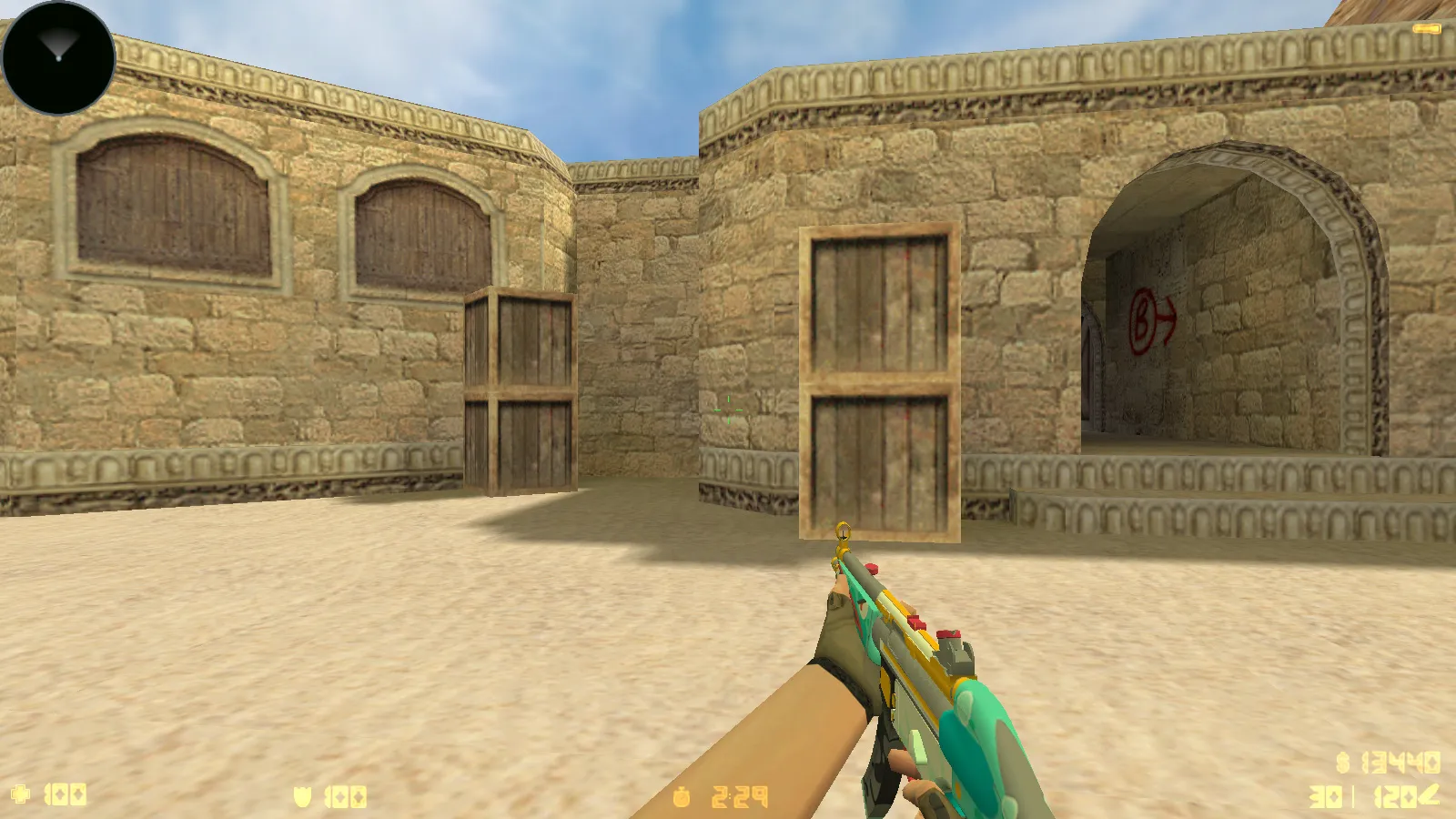 Скриншот  CS 1.6 Standoff 2: сборка с скинами SO2, анимацией осмотра F и красно-синими моделями игроков