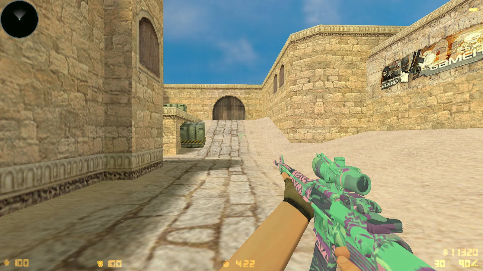 Скриншот  CS 1.6 Standoff 2: сборка с скинами SO2, анимацией осмотра F и красно-синими моделями игроков