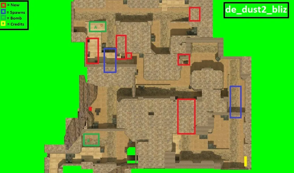 Скриншот  de_dust2_bliz для CS 1.6: баланс сторон, точки, .nav для ботов и оптимизация wpoly/epoly