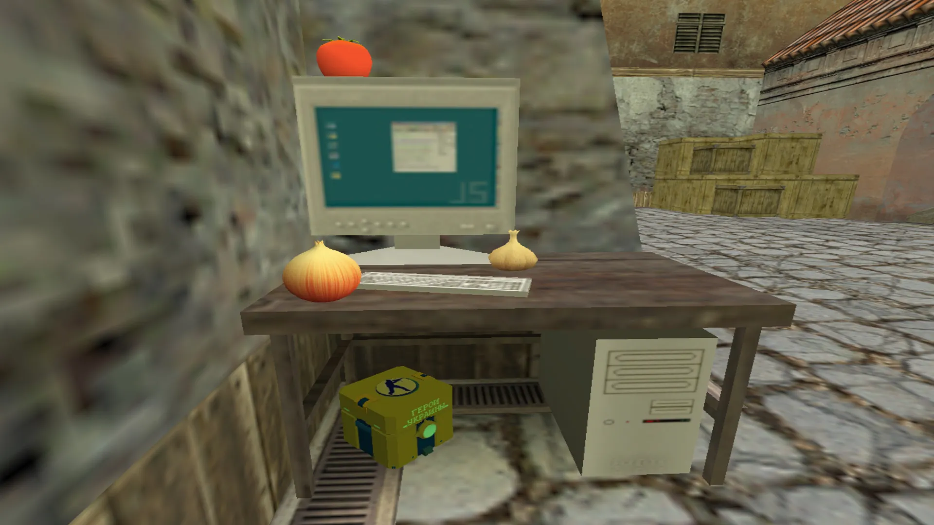 Скриншот  de_aztec_hruk — карта DE для CS 1.6: камера у ворот ТТ, сундуки на респе, БТР на воде