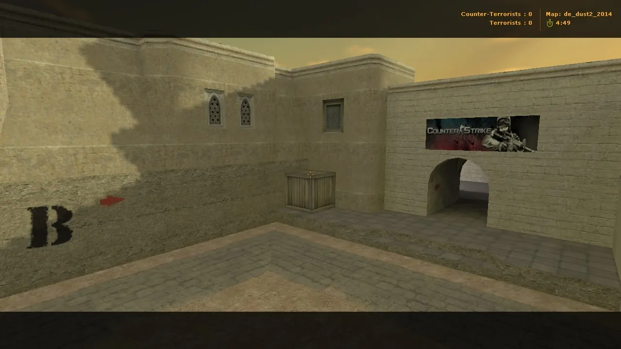 Скриншот  de_dust2_2014 для CS 1.6: тактика A/B, точки, .nav для ботов, оптимизация wpoly/epoly и баланс сторон