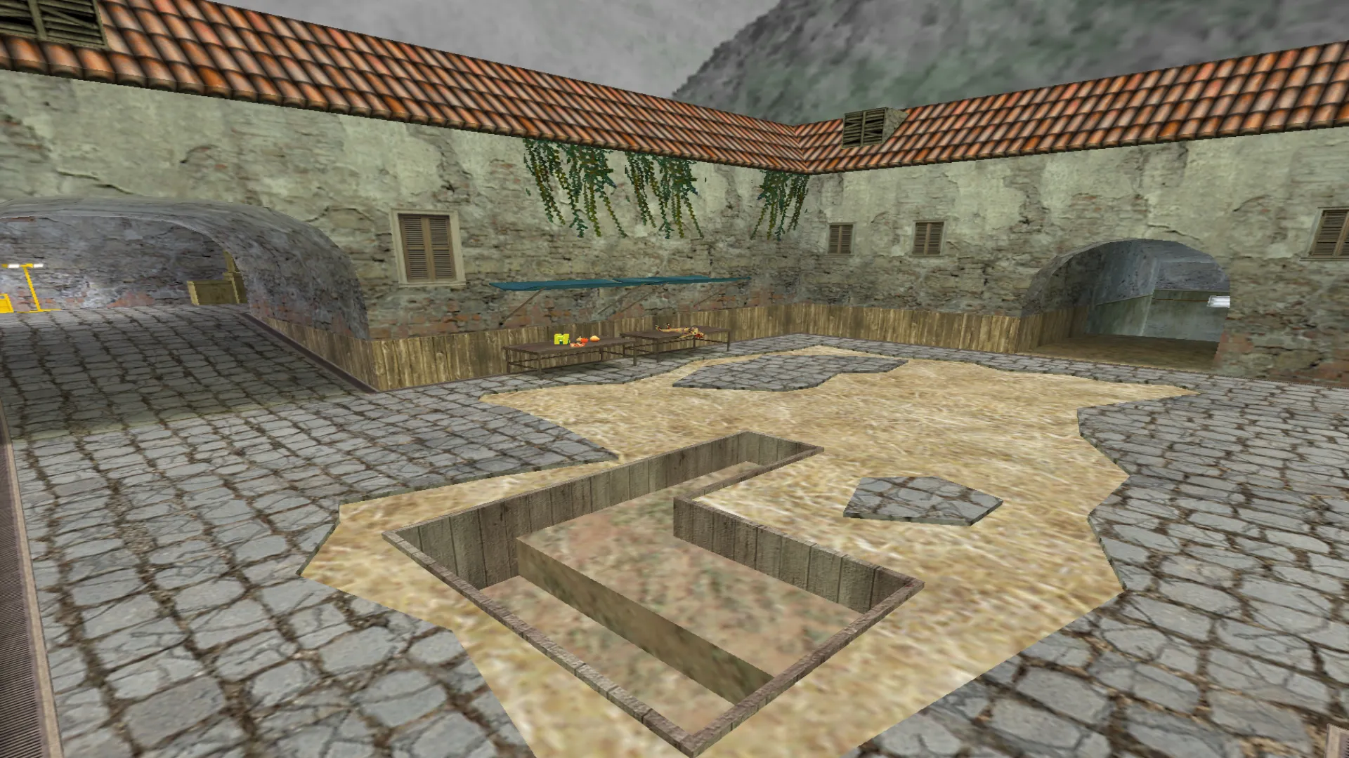 Скриншот  de_aztec_hruk — карта DE для CS 1.6: камера у ворот ТТ, сундуки на респе, БТР на воде