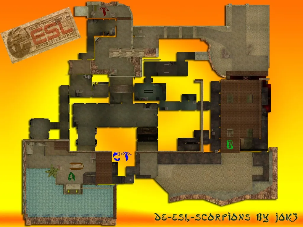Скриншот  Карта de_esl_scorpions для CS 1.6: точки, маршруты, баланс сторон, .nav для ботов и оптимизация