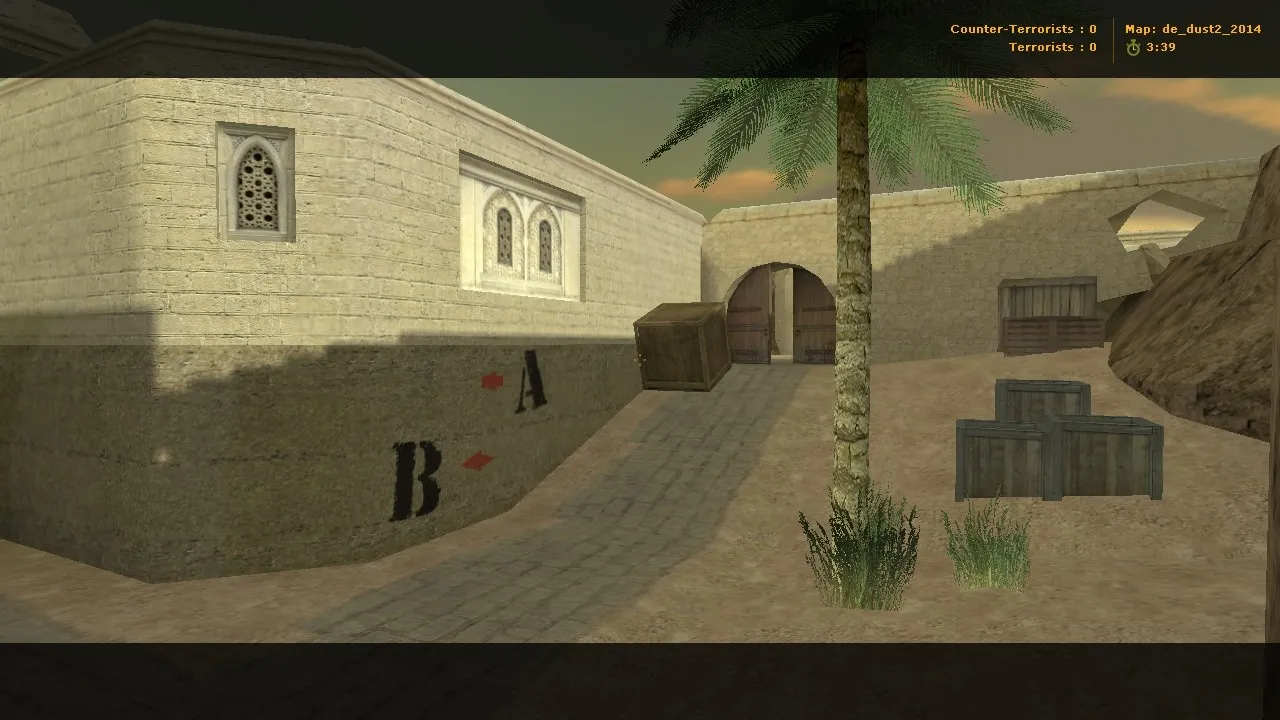 Скриншот  de_dust2_2014 для CS 1.6: тактика A/B, точки, .nav для ботов, оптимизация wpoly/epoly и баланс сторон